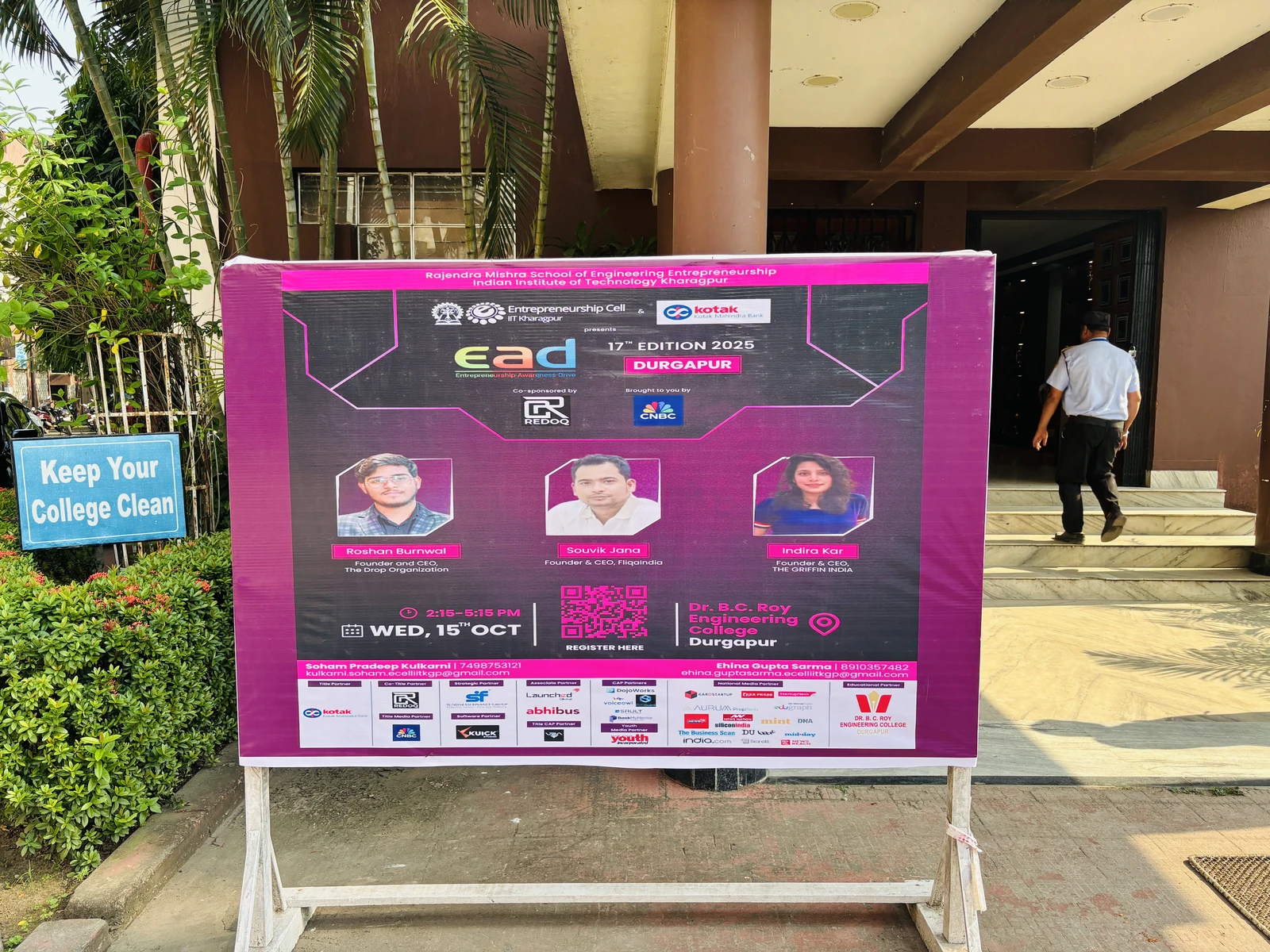 Entrepreneurship Awareness Drive event board at Dr. B.C. Roy Engineering College, Durgapur, naming Roshan Burnwal and the 15 October 2025 session.